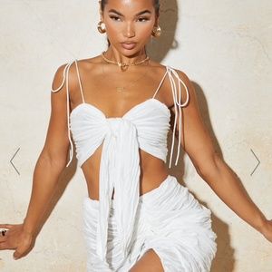 White Textured Tie Front Strappy Crop Top